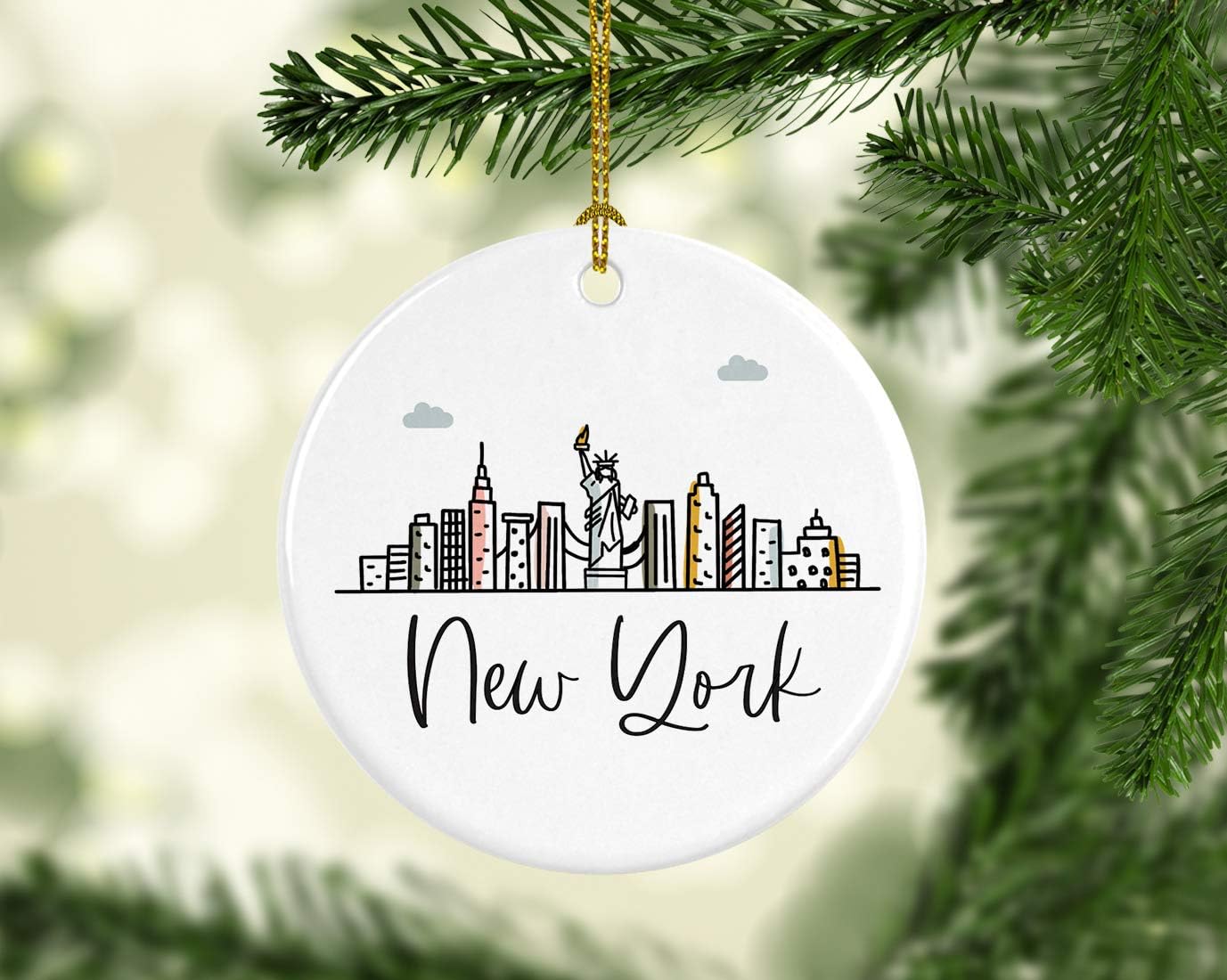 Andaz Press Round Ceramic Porcelain Christmas Tree Ornament Keepsake, New York Colorful City Skyline Graphic, 1-Pack, Birthday Gift Ideas for Family Coworker Him Her, Includes Gift Box