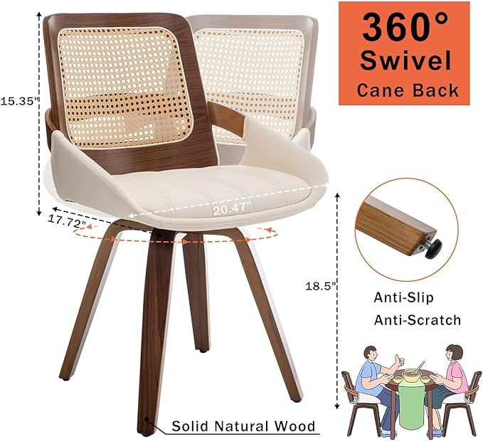Set of 2 Swivel Rattan Dining Chairs - Walnut Dining Chairs with Bentwood Frame with Ergonomic Cane Back, Curved Arms, MCM Ideal for Kitchen/Conference/Restaurant/Living Room (Walnut Beige)