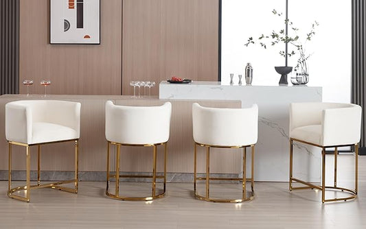 Cream Velvet Bar Stools Set of 4, 24" Contemporary Upholstered Fabric Counter Height Barstools Kitchen Counter Island Stools with Golden Metal Base