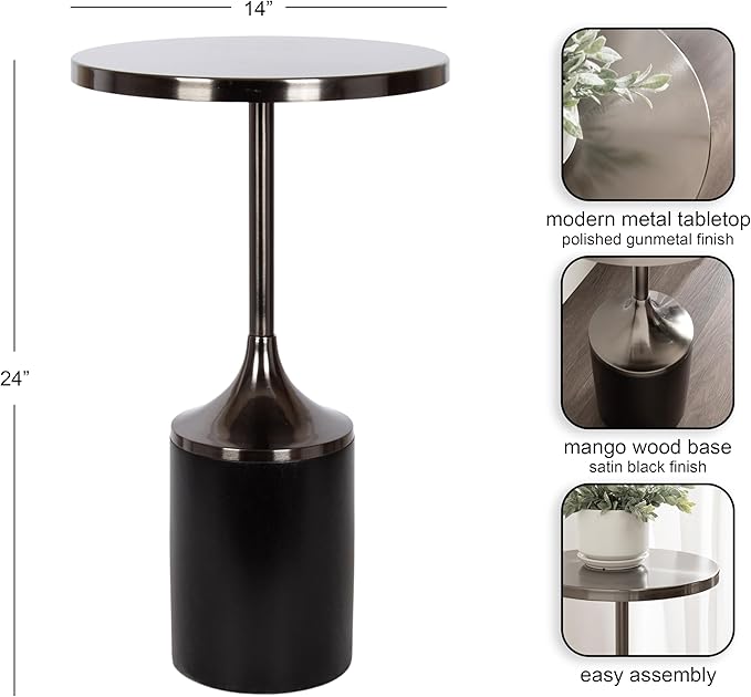 Kate and Laurel Whelan Modern Metal Round Side Table, 14 x 14 x 24, Gunmetal and Black, Transitional Sculptural Indoor Plant Stand for Living Room End Table or Bedroom Nightstand