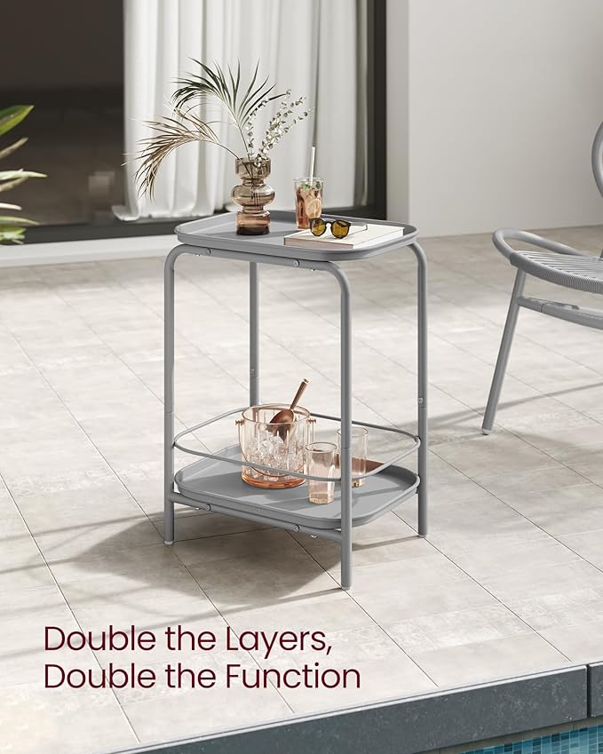 VASAGLE 2-Tier Outdoor Table, Small Side End Table with Tray Storage, Bedside Nightstand for Living Room, Bedroom, Modern Style, Dove Gray ULET243G01