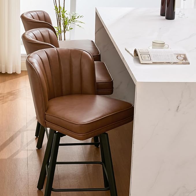 Swivel Counter Height Bar Stools Set of 2, 26'' Modern Barstools with Backs and Metal Legs, Upholstered Bar Chairs, Faux Leather Dark Brown Stools for Kitchen Island Chairs
