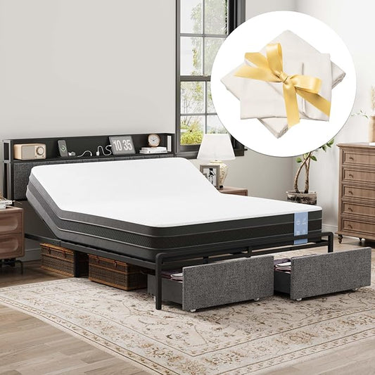 FLEXISPOT Queen Adjustable Bed + 10" Cooling Gel Memory Foam Mattress, Storage Headboard, Charging Station, LED Light, Drawers, Quiet DC Motor, Easy Assembly – Bonus 4-Piece Queen Sheet Set Included
