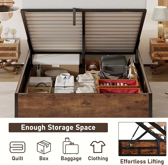 Lift Up Storage Bed Frame, Full Size Wooden Platform Bed with Large Storage Underneath, No Box Spring Needed, Noise Free, Rustic Brown