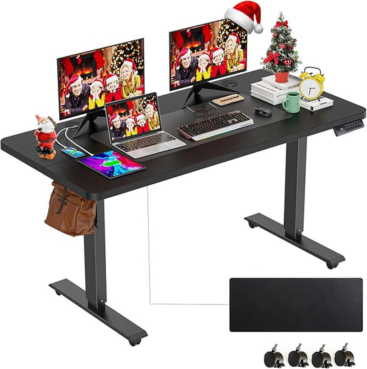 farexon Electric Standing Desk Adjustable Height, 55 x 24 Inch Stand up Desk with Large Mouse Pad, Rolling Wheels & Foot Pad,27''-46'' Lifting Range Home Office Computer Desk(Black)