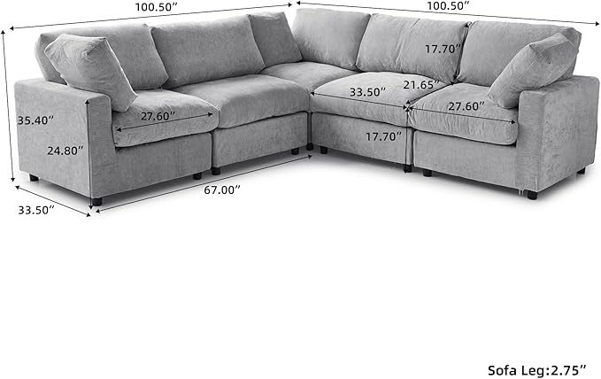 WJShome V Shaped Sectional Cloud Couch, 100 Inch 5-Seater Modern Modular Sofa,Chenille Deep Seat Couches for Living Room