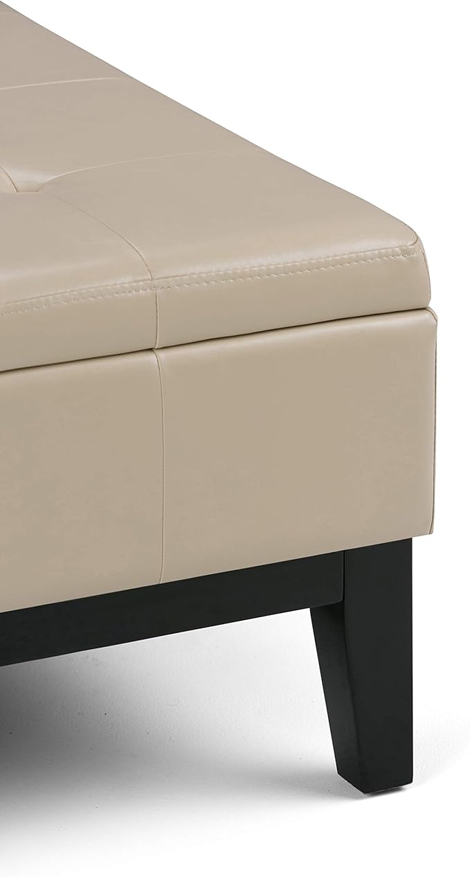 SIMPLIHOME Dover 36 inch Wide Contemporary Square Coffee Table Storage Ottoman in Satin Cream Vegan Faux Leather, Assembled, For the Living Room and Bedroom