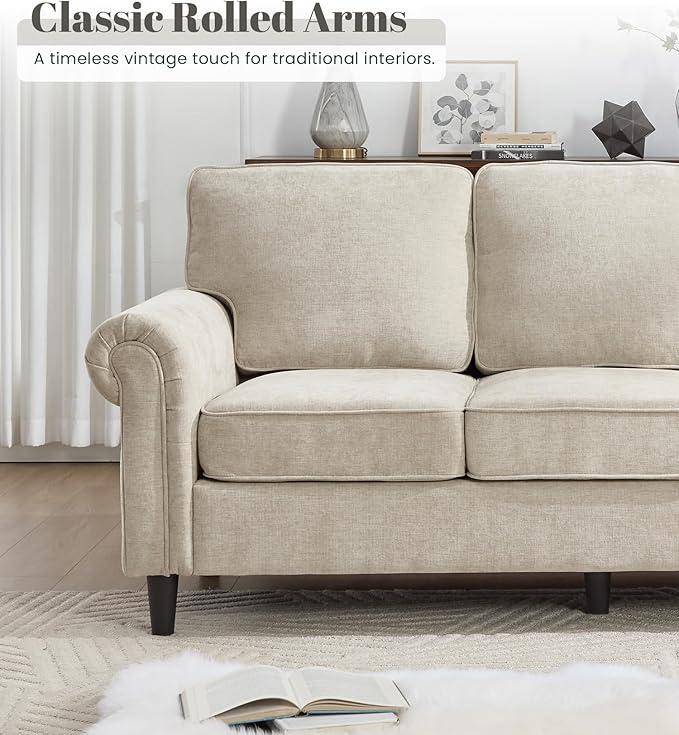Kingfun 3 Seater Couch, Mid Century Modern Sofa with Rolled Arms and Deep Seats, Fluffy Comfort for Living Room, Apartment, Easy Assembly, Khaki