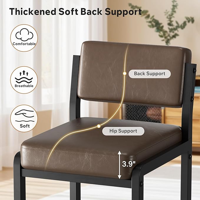 Bar Stools, Faux Leather Counter Height Bar Stools with High Back and Metal Legs, Upholstered Bar Chairs, 26" Modern Barstools for Kitchen Island, Dark Brown