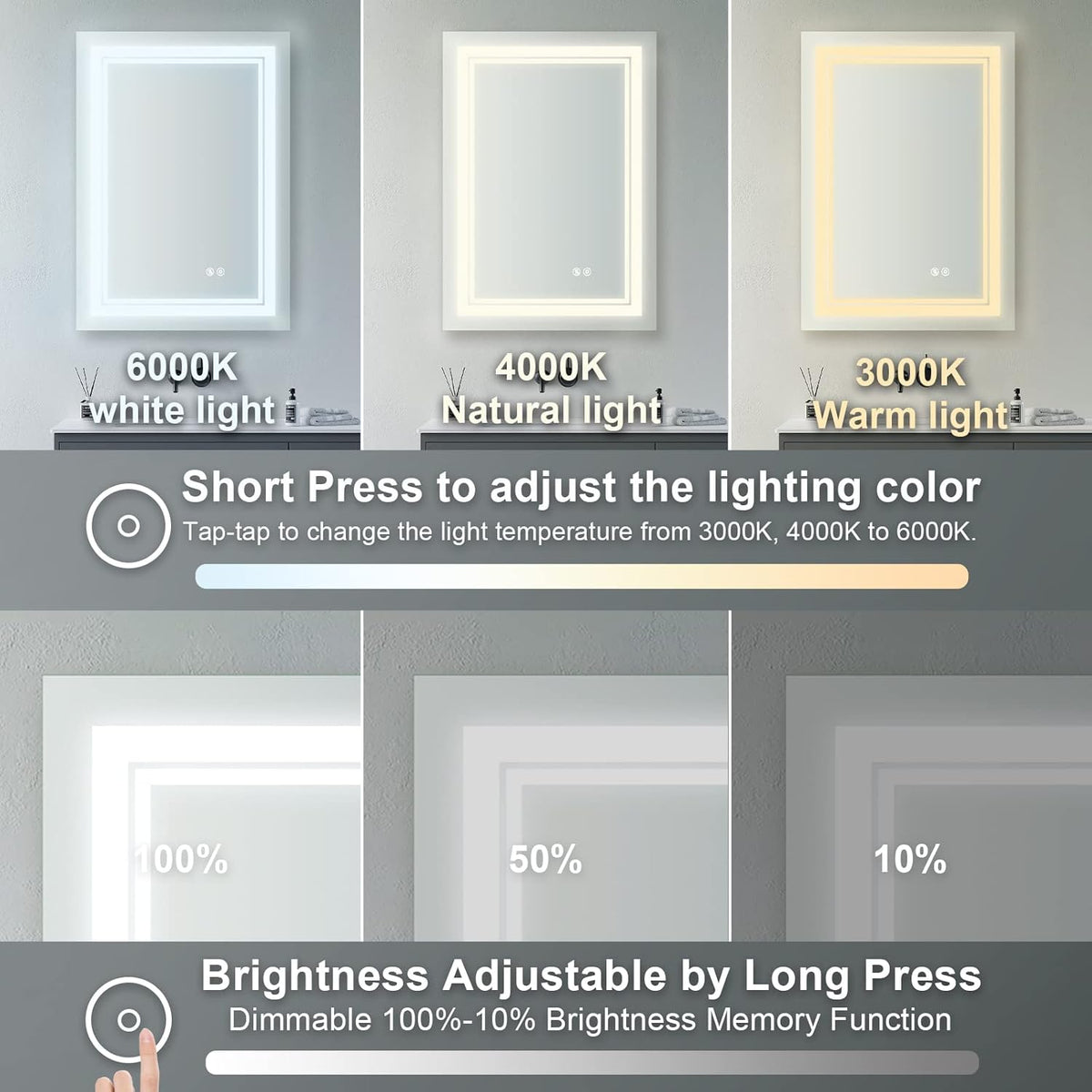 WELLFOR LED Bathroom Vanity Mirror 24 x 32 Inch, Lighted Anti-Fog Dimmable Mirror, IP44 Waterproof Wall Mounted Makeup Mirror, Packed with US Standard Plug and Touch Switch, (Horizontal/Vertical)