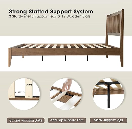 King Size Bed Frame, Solid Wood Platform Bed with Headboard & Footboard, 12 Sturdy Slatted, Central Metal Legs, Easy Assembly, Noise & Anti-Slip, No Box Spring Needed, Barnwood Finish, OLK-30