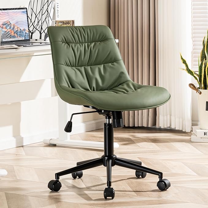 Kidol & Shellder Faux Leather Office Chair, Adjustable Swivel Height Task Chair, Rolling Wheels & Soft Backrest - Armless Ergonomic Desk Chair for Home, Office,Vanity,Gaming（Bean-Green）