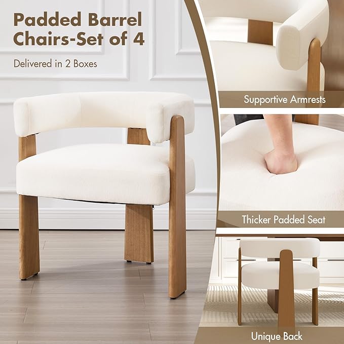 Upholstered White Velvet Dining Chairs Set of 4, Boho Modern Barrel Accent Armchairs, Thick Padded Seat & Natural Wooden Legs, Mid Century Inspired Kitchen/Dining Room Chairs, Creamy White