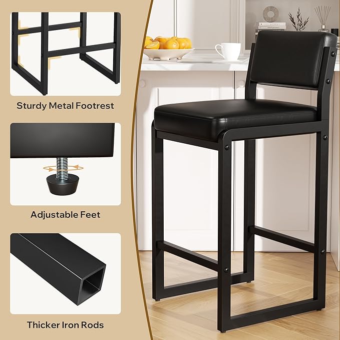 Bar Stools, Faux Leather Counter Height Bar Stools with High Back and Metal Legs, Upholstered Bar Chairs, 26" Modern Barstools for Kitchen Island, Black