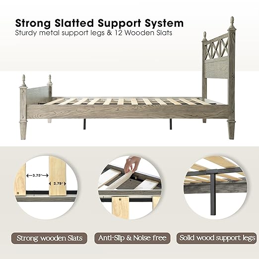 Queen Size Platform Bed Frame with Solid Wood Headboard & Footboard, Metal Legs, 12 Durable Slatted Base, No Box Spring Needed, Easy Assembly, Noise-Free & Anti-Slip, Weathered Gray Oak Finish, RIQ-34