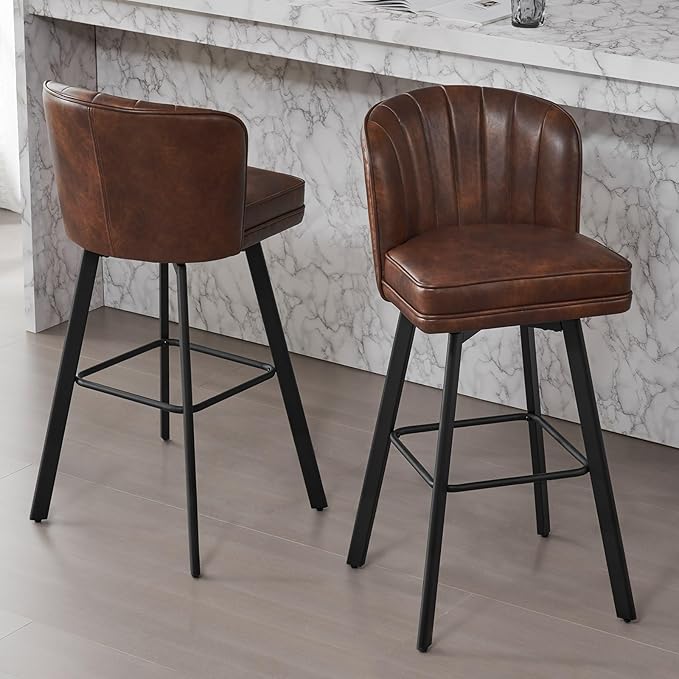 Swivel Counter Height Bar Stools Set of 4, 30'' Modern Barstools with Backs and Metal Legs, Upholstered Bar Chairs, Faux Leather Brown Stools for Kitchen Island Chairs