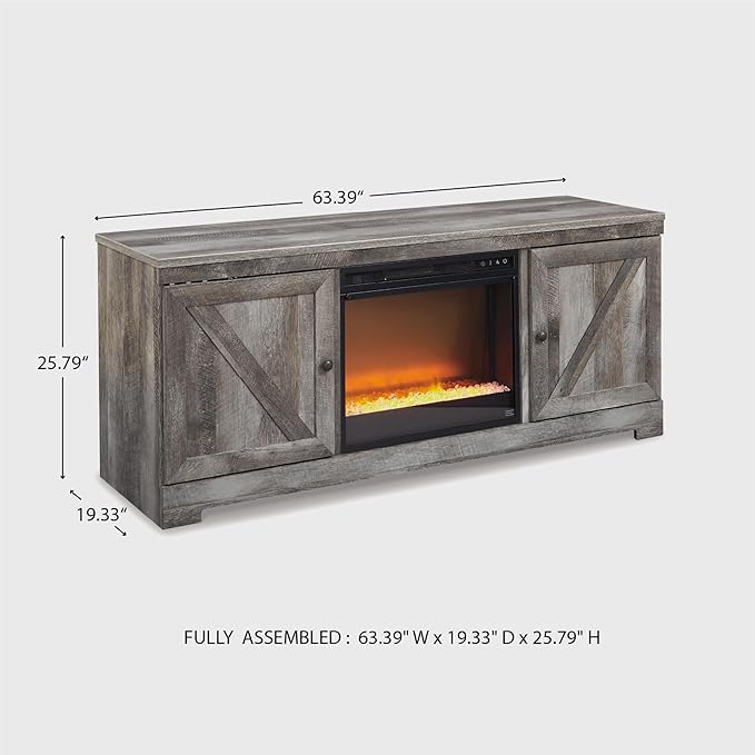 Signature Design by Ashley Wynnlow Farmhouse 63" TV Stand for TVs up to 72" with Electric Fireplace, Light Gray