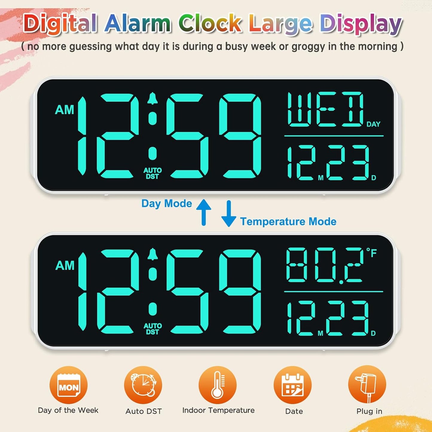 Peakeep Large Display Digital Alarm Clock for Bedrooms, Date Day of Week Temp Desk Table Clocks for Living Room Office, Dimmable Plug in Electric Clock, 5 Volumes, Loud, Auto DST