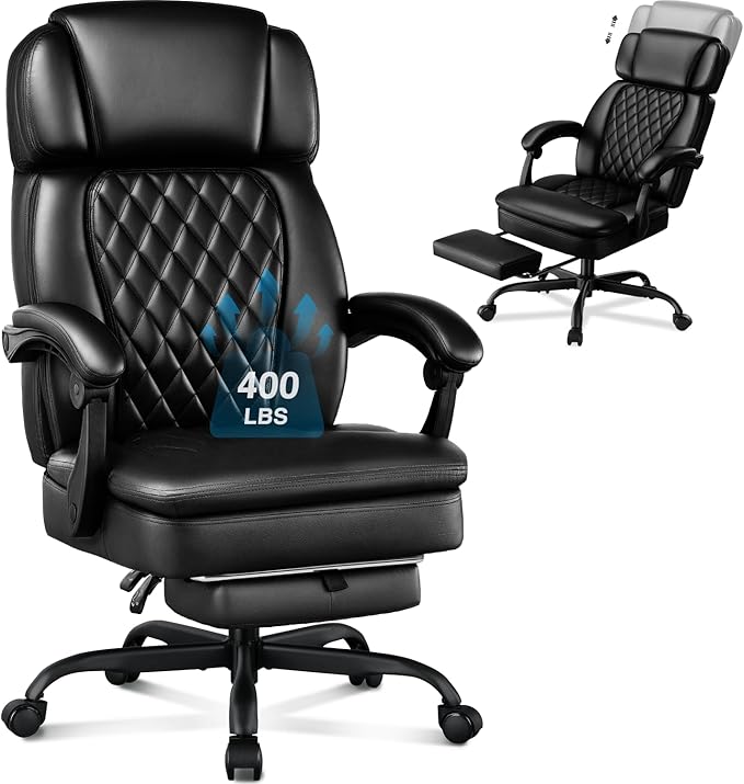 400lbs Executive Office Chair with Foot Rest for Heavy People, Ergonomic Big and Tall Desk Chair with Adjustable Headrest, High Back PU Leather Comfy Heavy Duty Computer Chair