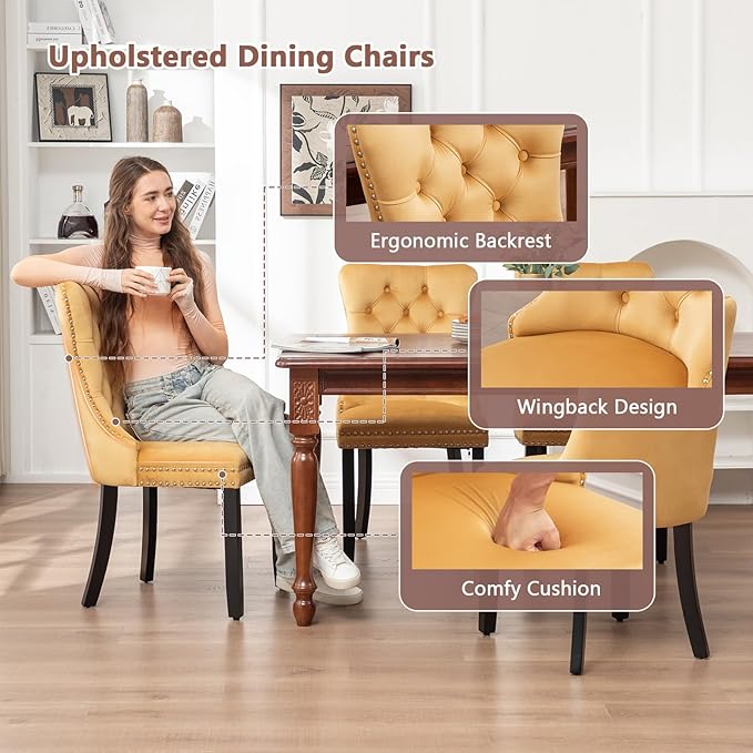 Velvet Dining Chairs Set of 4, Upholstered Dining Room Chairs with Nailhead Ring Pull Trim, Button Tufted Wing Back Chairs for Dining with Solid Wood Legs for Kitchen Dining Room(Gold)