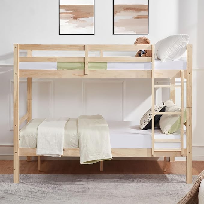 Softa Full Over Full Bunk Bed with Thick Posts,Wooden Bunk Bed with High Guardrail and Ladder for Kids, Teens, Dorm Rooms, and Guest Rooms,No Box Spring Needed, Natural