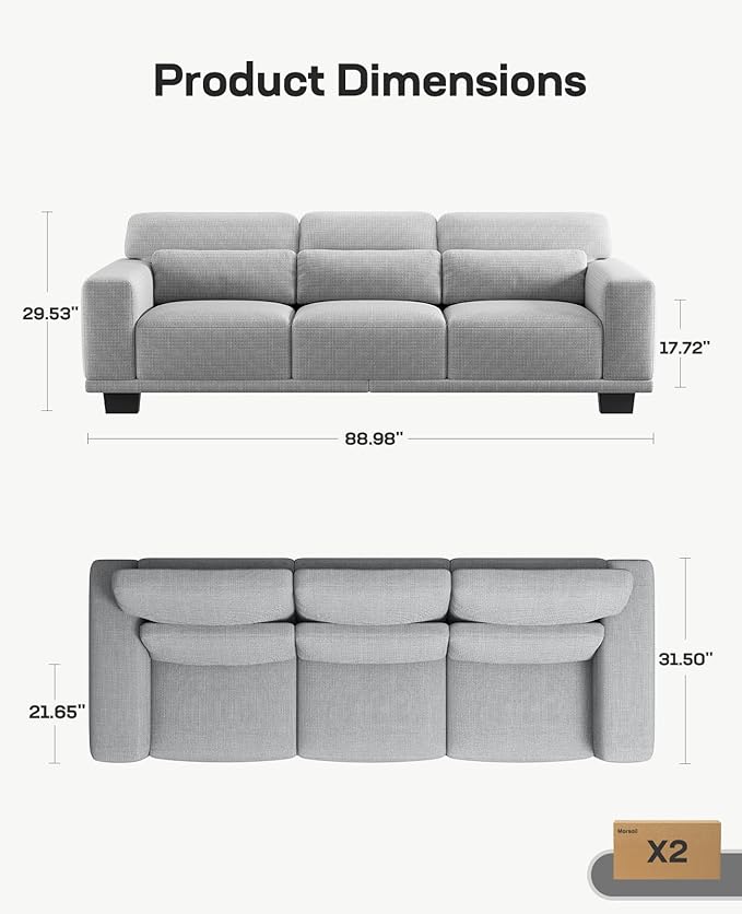 Marsail 89" Sofa, 3 Seater Couch for Living Room, Modern Sofa with Deep Seats Supportive Cushion and Wide Armrests, Easy to Clean with Removable Covers, Linen Fabric, Grey
