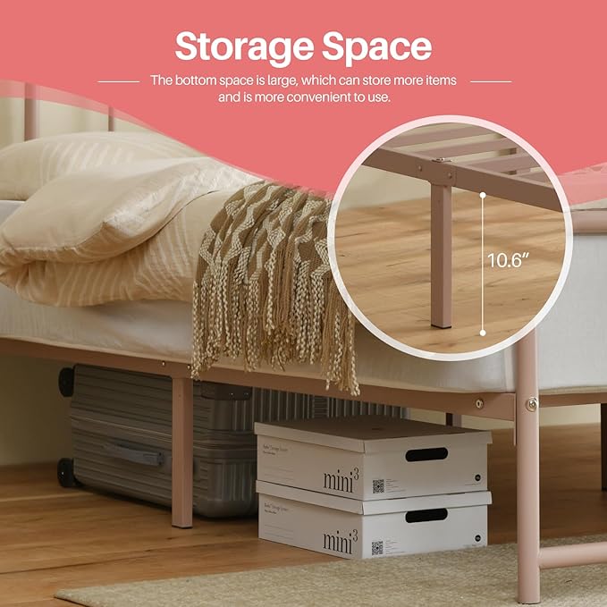 PINJU Metal Platform Bed Frame with Headboard and Footboard, Classic Style, Sturdy Metal Slats, No Box Spring Needed, Easy Installation (Pink, King)