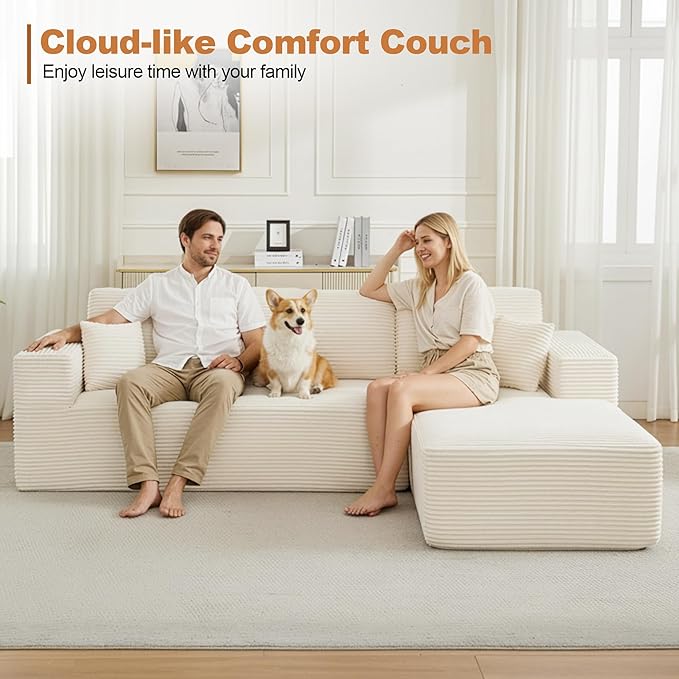 106" Cloud Modular Sectional Sofa Couch with L-Shape Chaise,Modern Boneless Sectional Couch with Deep Seat,Upholstered Couches for Living Room Bedroom,No Assembly Required,Beige