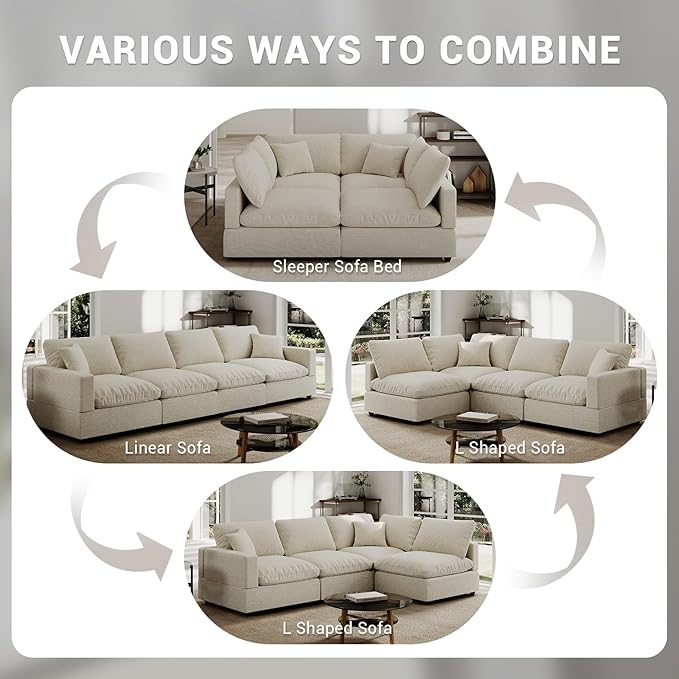 Cloud Couches Linen Sleeper Sofa Bed,Modern Sectional Sofa Couch for Living Room,Cushion Covers Removable,Cozy Feather Down Sofa for Apartment Beige