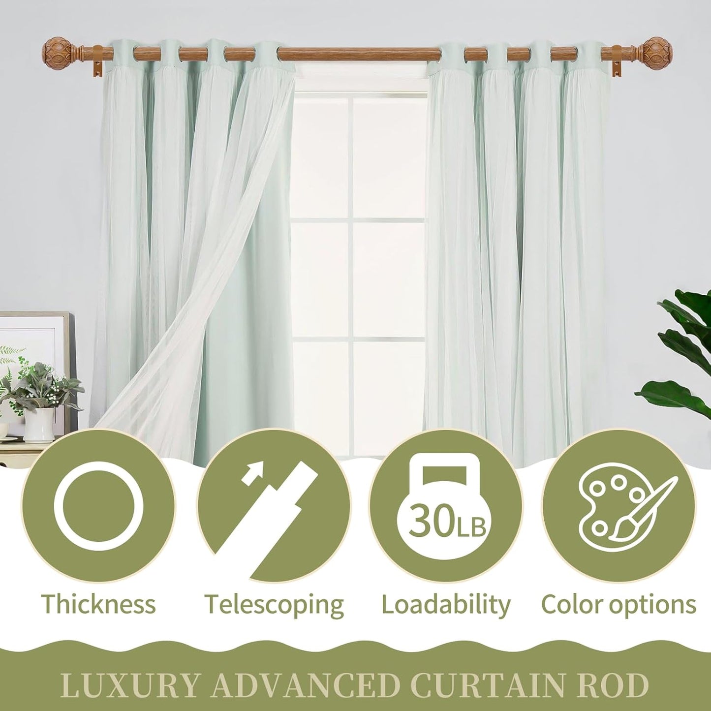 2 Pack Wood Curtain Rods for Windows 66 to 120 Inch,1 Inch Adjustable Curtain Rod Set,Heavy Duty Curtain Rods,Wooden Netted Texture Drapery Rods,Single Window Curtains Rods 66-120",Brown Wood