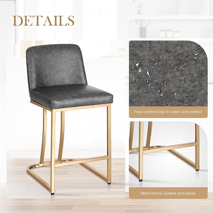 Sophia & William Counter Height Bar Stools Set of 3, Modern PU Leather Kitchen Island Stools,Gold Polished Bar Chairs,Grey & Gold
