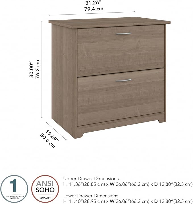 Bush Furniture Cabot 2 Drawer Lateral File Cabinet in Ash Gray, Home Office Chest for Letter, Legal, and A4-size Document Storage