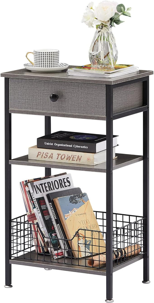 VECELO Tall Side End Table,Nightstands Shelf Storage Organizer with U-Shape Shlef Basket and Drawer for Telephone Entryway/Living Room/Bedroom/Kitchen,Small Spaces,Hemp Gray,27.5" H,1 Set