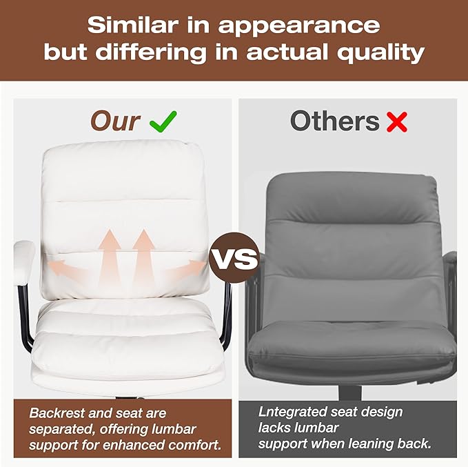 White Leather Desk Chair with Arms,Modern Office Chair with Lumbar Support,Removable Armrests, Height-Adjustable Swivel Medium Computer Chair for Home, Office, Dresser, Bedroom