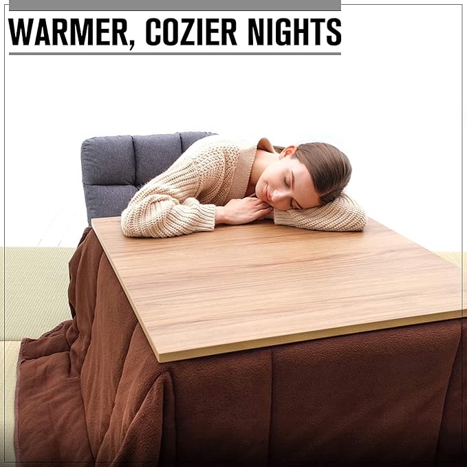BJDesign Kotatsu - Japanese Heated Table - Wooden Chabudai Furniture with 120V Electric Heater - Low-Lying Dining and Work Desk with Temperature Control Knob (29x29in, Brown)