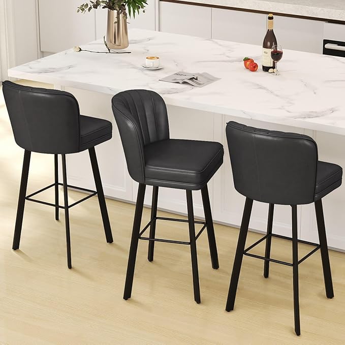 Swivel Counter Height Bar Stools Set of 2, 30'' Modern Barstools with Backs and Metal Legs, Upholstered Bar Chairs, Faux Leather Black Stools for Kitchen Island Chairs