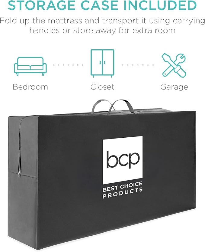 Best Choice Products 4in Portable Queen-Size Mattress, Tri-Fold Mattress for Camping, Guest, Toddler, Foam Plush w/Carry Case - Grey