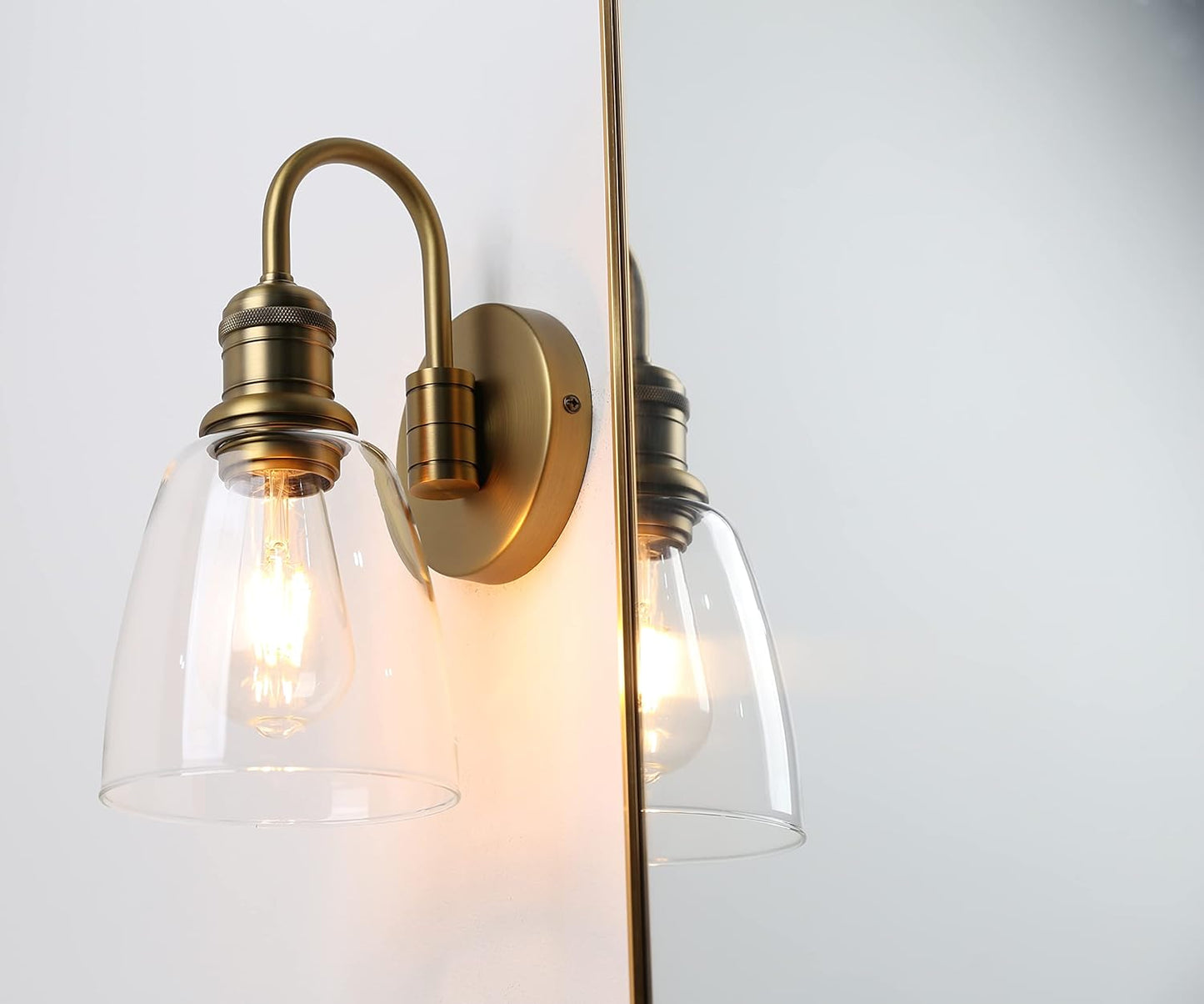 Yosoan 1-Light Brass Modern Vintage Indoor Wall Sconce, Vanity Single Luxury Hardwired Retro Textured Clear Oval Cone Glass Shade with Industrial Gooseneck Curved Rod Bathroom Lamp(Antique)