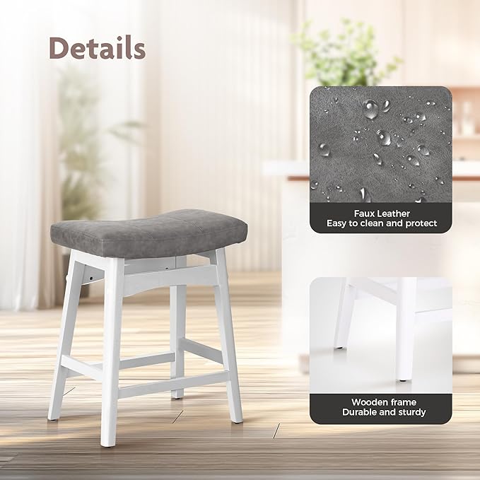 ALPHA HOME Bar Stools Set of 3, Solid Wood Saddle Kitchen Stools with Grey PU Leather Cushion Counter Height Barstools with Wooden Base for Kitchen Dining Cafe, 24 Inch, Grey, 3PCS