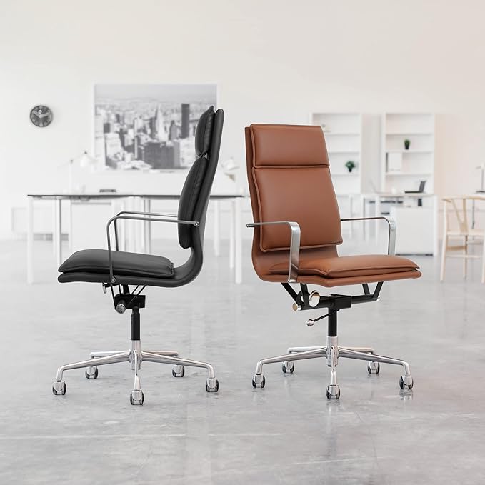 Laura Davidson Furniture Lexi II Padded Office Chair - Tall Back Desk Chair with Aluminum Arm Rest, Swivel & Cushion Availability, Made of Faux Leather, Black, Computer Chair