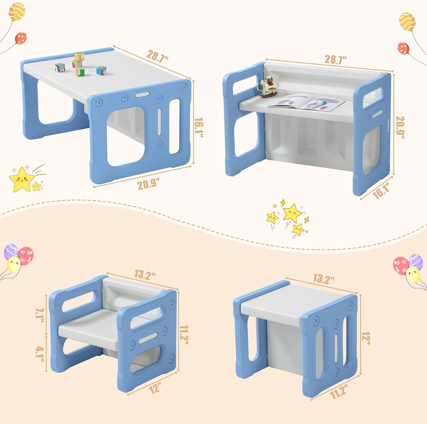 3 in 1 Montessori Weaning Table and 2 Chairs Set, Kids Activity Table Set, 2 Height Levels, Toddlers Activity Table for Drawing, Dining, Reading and Playing, Blue