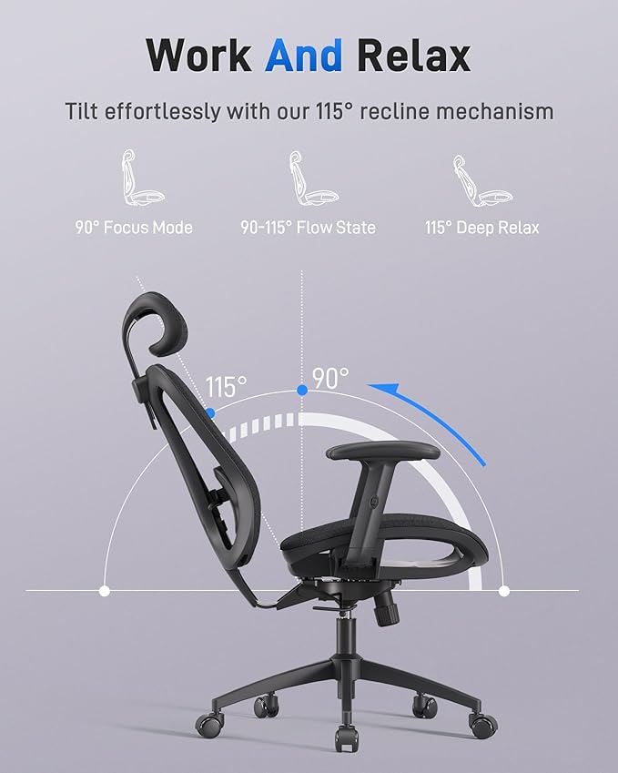 Ergonomic Office Desk Chair, Comfortable Computer Gaming Chair, Breathable Mesh Back & Seat, Adjustable Armrest & Headrest, Lumbar Support, Butterfly Design for Home Office (Black)