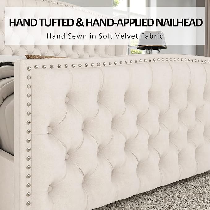 AMERLIFE Queen Size Platform Bed Frame, Velvet Upholstered Bed with Deep Button Tufted & Nailhead Trim Wingback Headboard/No Box Spring Needed/Cream