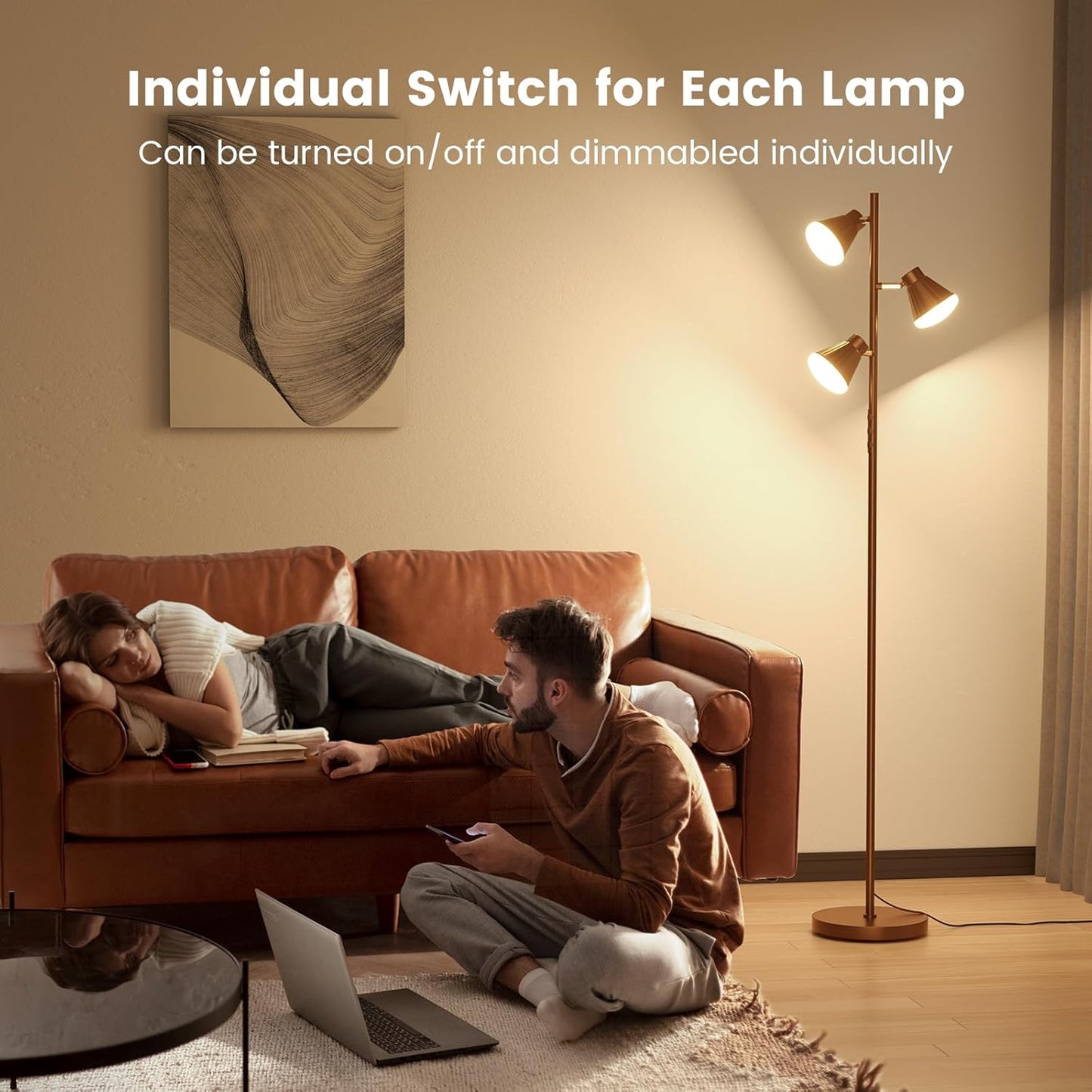 36W LED Tree Floor Lamp, Dimmable Tall Standing Lamp with Remote & Touch Control, 4 Color Temperatures Bright Floor Lamp, 3 Rotatable Light Modern Floor Lamps (Brown)