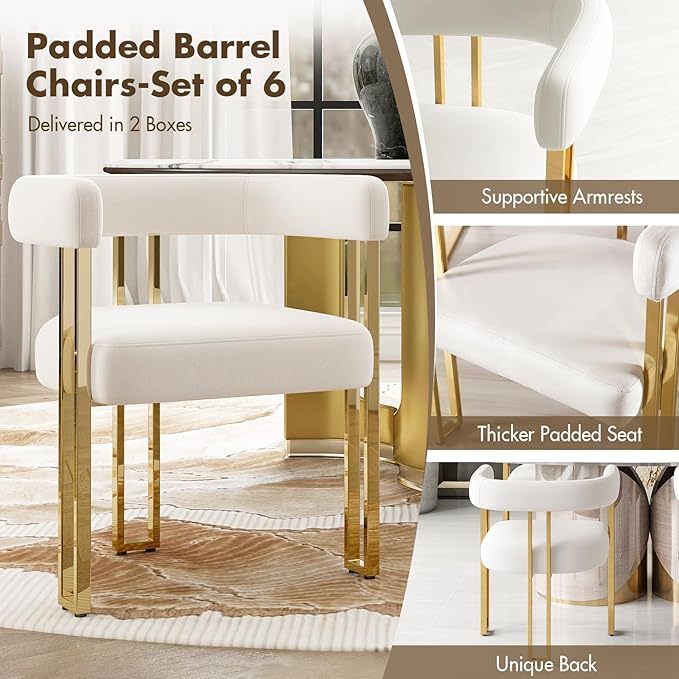 Beige and Gold Modern Dining Chairs Set of 6, Velvet Upholstered Barrel Armchairs with Metal Legs for Kitchen Island, Mid Century Accent Chairs for Dining Room Living Room, Open-Back