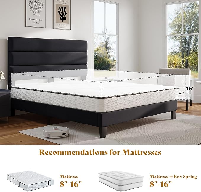 AMERLIFE Queen Size Bed Frame with Linen Upholstered Headboard, Modern Platform Bed with Wooden Slats Support, Noise-Free, No Box Spring Needed, Easy Assembly, Black