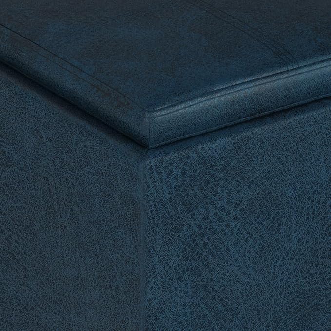 SIMPLIHOME Rockwood 18 inch Wide Contemporary Square Cube Storage Ottoman with Tray in Distressed Dark Blue Vegan Faux Leather, Assembled, For the Living Room, Entryway and Family Room