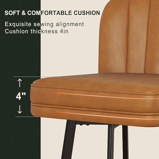 Swivel Counter Height Bar Stools Set of 4, 26'' Modern Barstools with Backs and Metal Legs, Upholstered Bar Chairs, Faux Leather Whiskey Brown Stools for Kitchen Island Chairs
