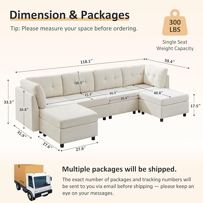 VANOMi 4 Seat Modular Sectional Sofa with 2 Ottomans, 118" Cloud Sofas & Couches, Comfy Chenille Sectional Couches for Living Room, Apartment, Office, Beige, U Shaped