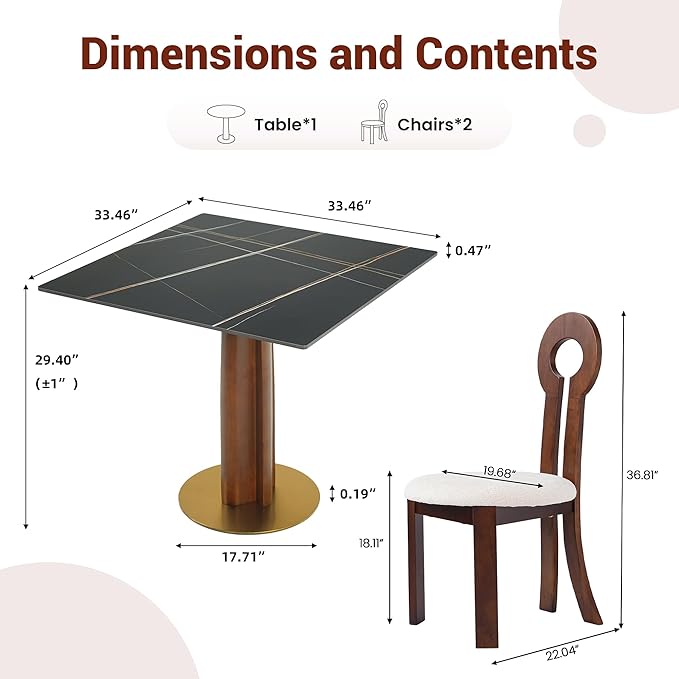 Sintered Stone Square Office Table and Chair Set - Meeting Table for Small Offices (Walnut‌ Leg and Black Top, 1 Table and 2 Chairs)